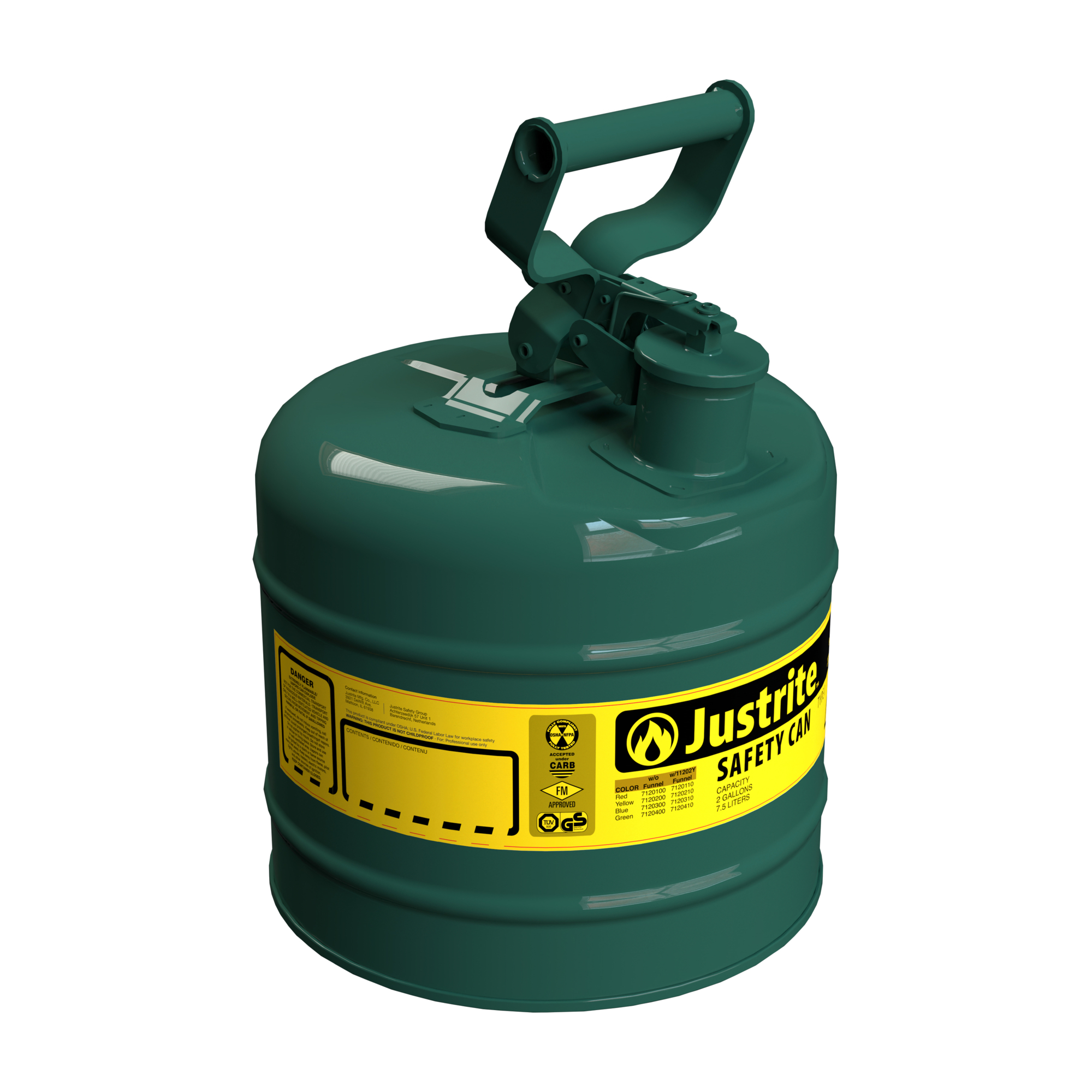 Justrite Steel Safety Can for Oil — 2 Gallon, Type I, Flame Arrester, Green, Model# 7120400